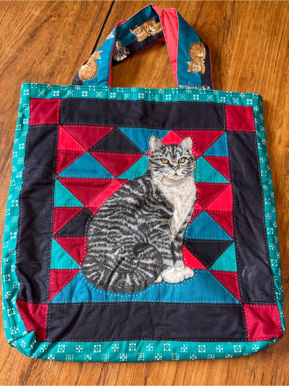 Vintage Hand Made Quilted Cat Tote Bag